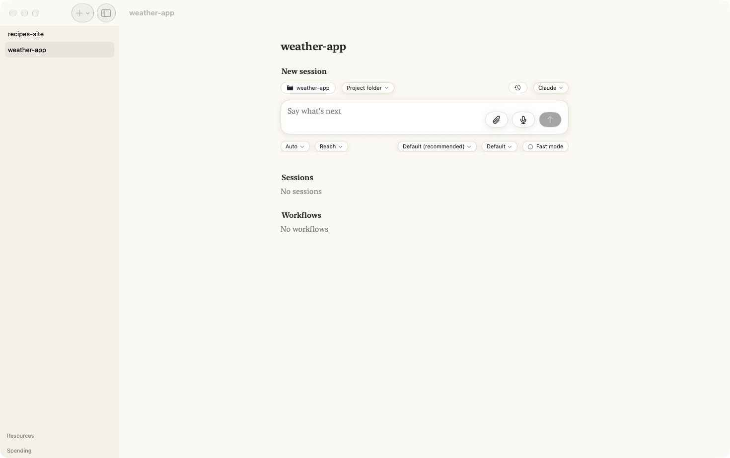 The project page: New session, with the folder, the runtime (Claude) and the prompt